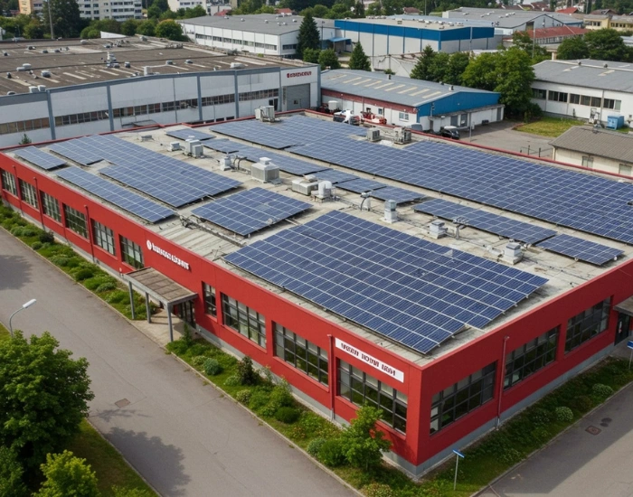 Aerial view of a red commercial building with solar panels on the roof.
