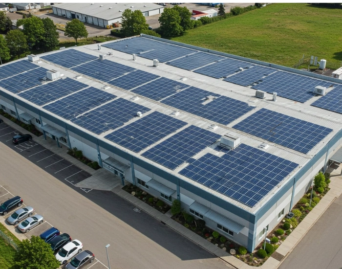 Aerial view of a commercial building with solar panels on the roof, showcasing a green landscape around it.