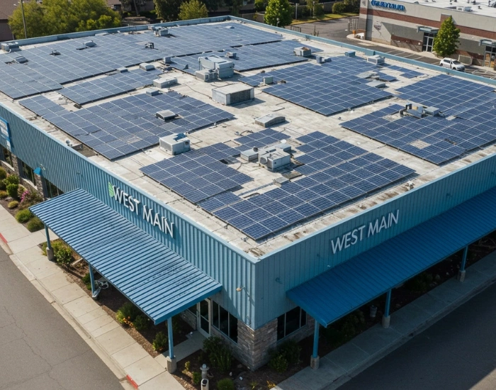 Aerial view of a commercial building with solar panels on the roof and a blue building in the background