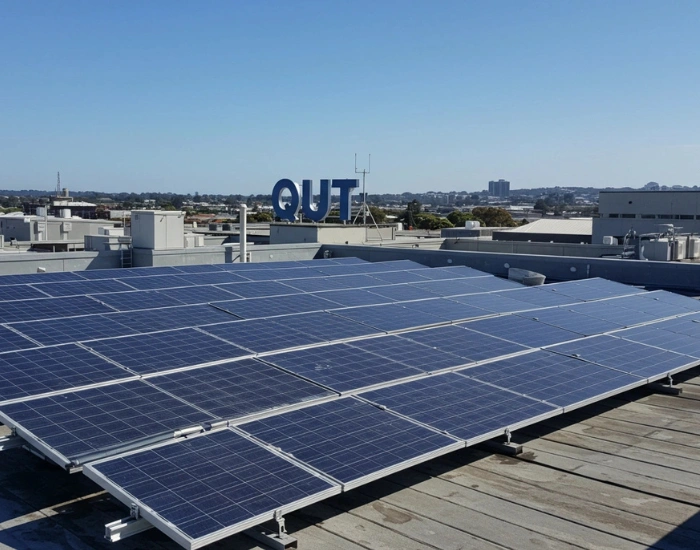Close-up view of solar panels installed on the roof of a commercial building.